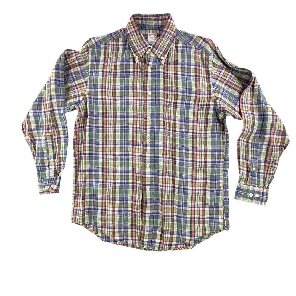 Brooks Brothers Shirt Mens Medium Blue Plaid Irish Linen Button Down Long Sleeve